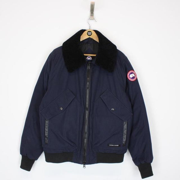 Canada Goose Navy Blue and Black Bromley Bomber Down Jacket with Fur Trim