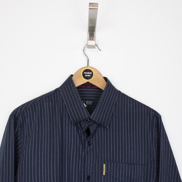 Vintage 00s Armani Jeans Navy Blue Striped Long Sleeve Shirt