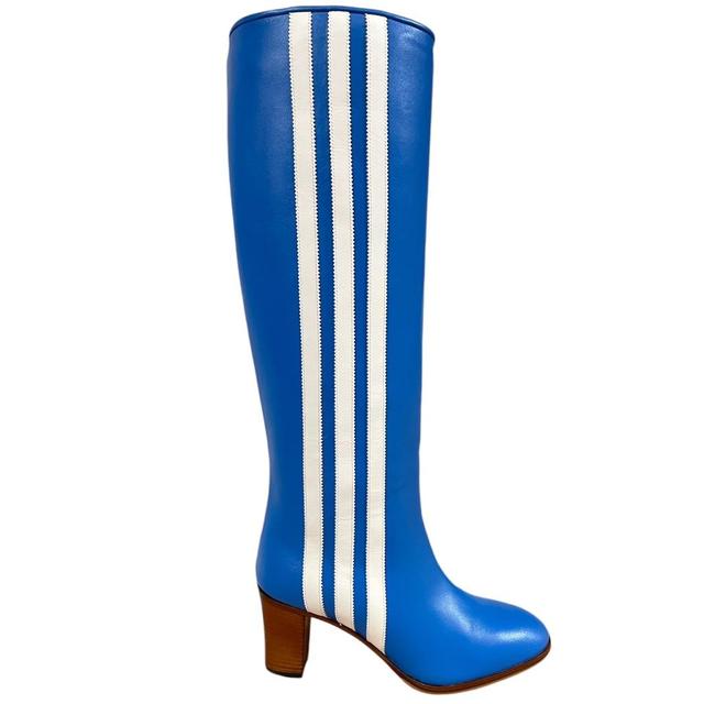 Gucci x Adidas Blue and White Leather Knee-High Heeled Boots