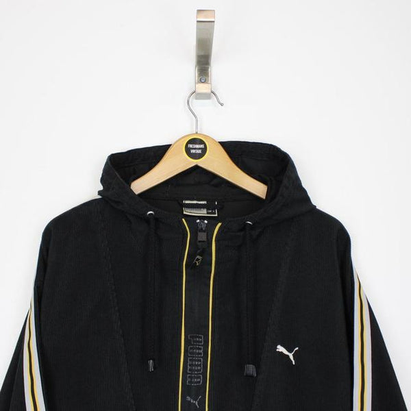 Vintage 90s Puma Black and Yellow Full Zip Spellout Corduroy Jacket