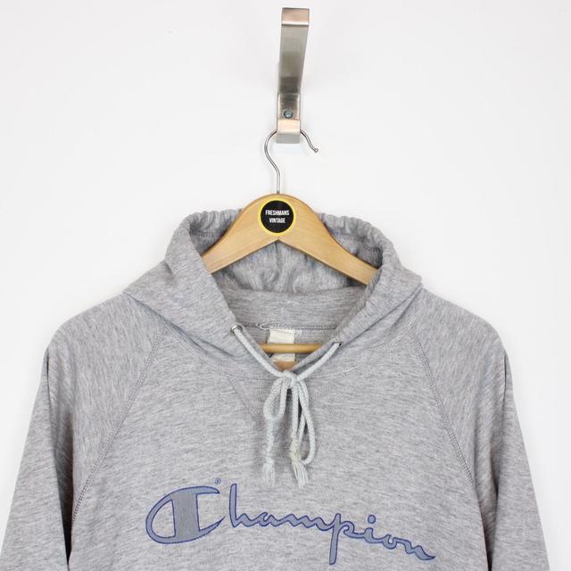 Vintage 80s Champion Grey and Blue Spellout Hoodie Jumper