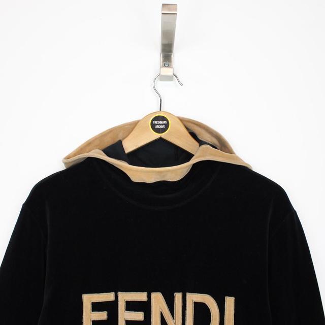 Vintage 90s Fendi Black and Tan Velour Logo Hoodie Jumper