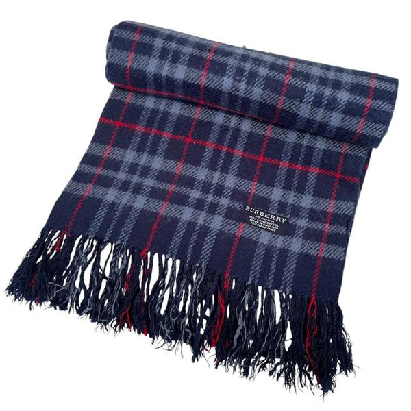 Vintage 90s Burberry Navy Blue Nova Check Lambswool Scarf