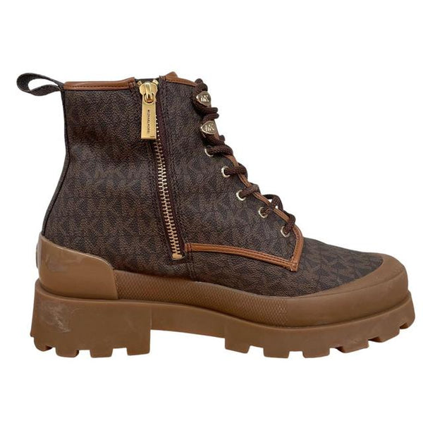 Michael Kors Brown and Beige Payton Logo Combat Boots