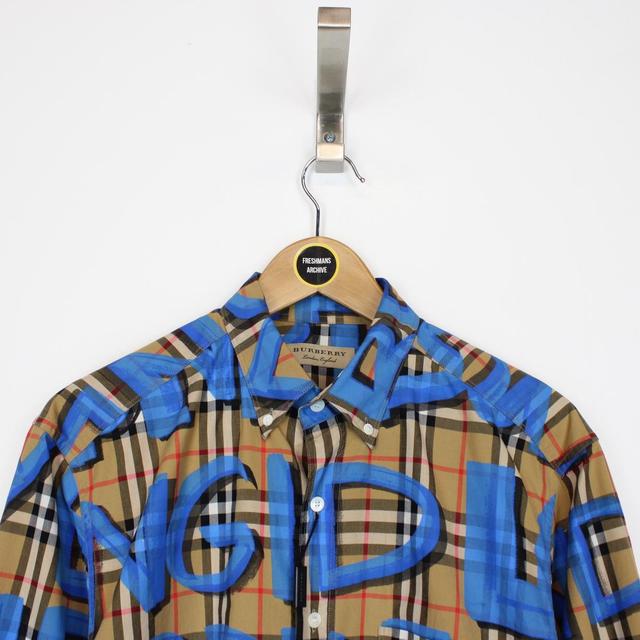 Burberry Jameson Tan Brown and Blue Graffiti Nova Check Long Sleeve Cotton Shirt