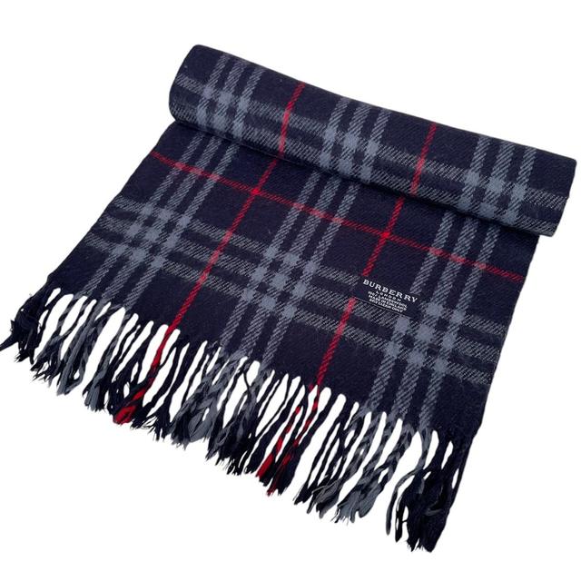 Vintage 90s Burberry Navy Blue Nova Check Lambswool Scarf