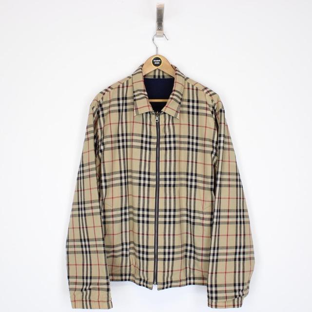 Burberry Tan Brown and Navy Blue Reversible Nova Check Harrington Jacket