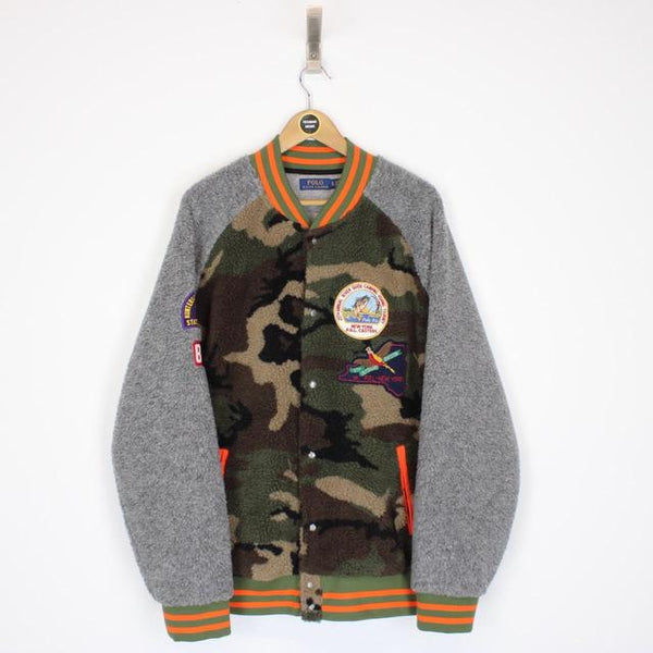 Polo Ralph Lauren Grey and Camo Patchwork Sherpa Fleece Jacket