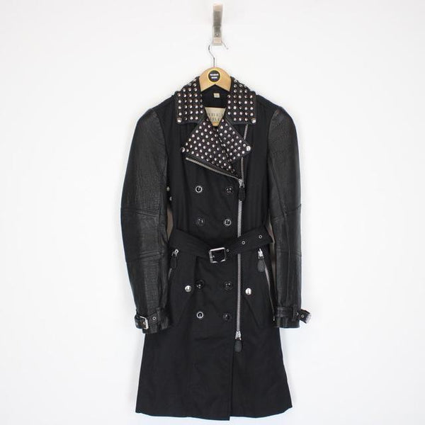 Burberry Brit Black Leather/Cotton Double Breasted Belted Trench Coat