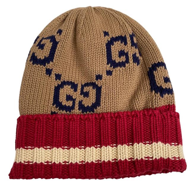 Gucci Tan Brown and Red Monogram GG Cotton Beanie Hat