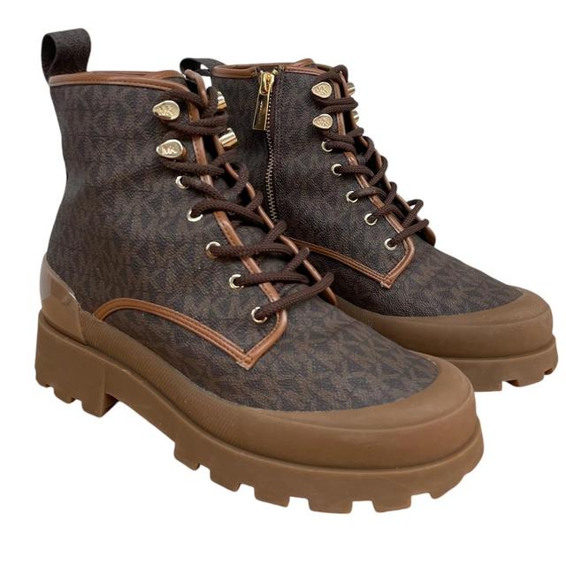 Michael Kors Brown and Beige Payton Logo Combat Boots