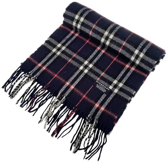 Vintage 90s Burberry Navy Blue Nova Check Lambswool Scarf