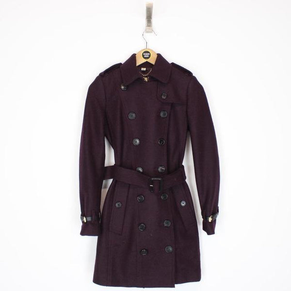 Burberry London Purple Virgin Wool Double Breasted Belted Trench Coat