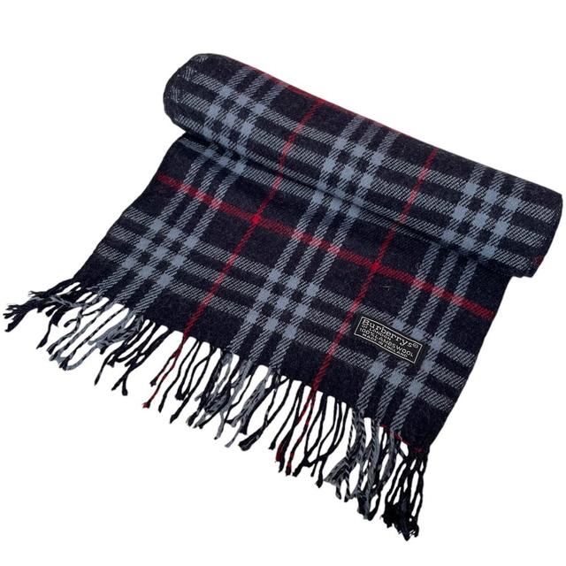 Vintage 90s Burberry Navy Blue Nova Check Lambswool Scarf