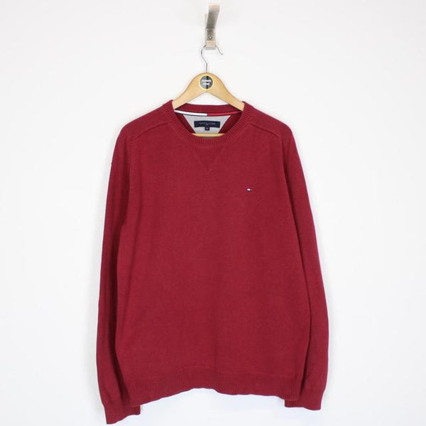 Vintage 00s Tommy Hilfiger Red Cotton Knit Sweatshirt Jumper