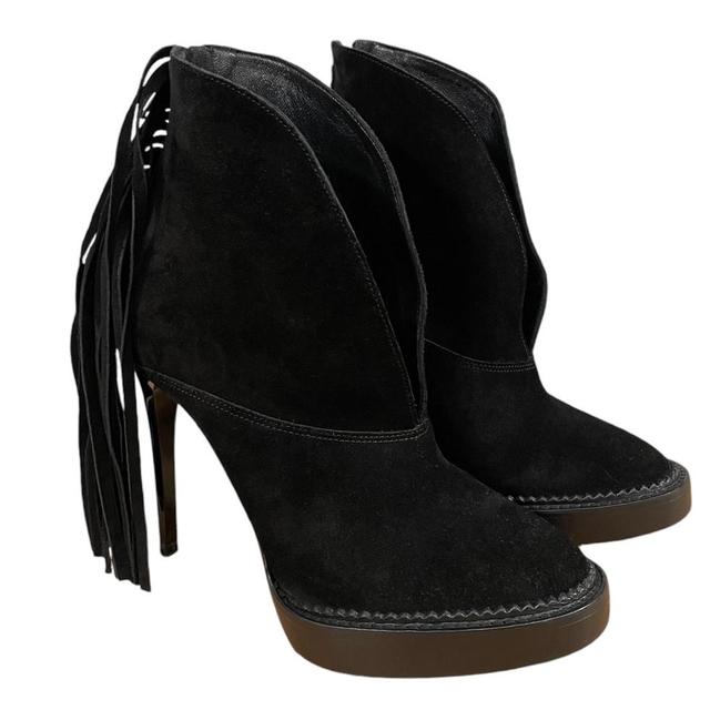 Burberry Prorsum Black Fringed Suede Nadie Ankle Heeled Boots