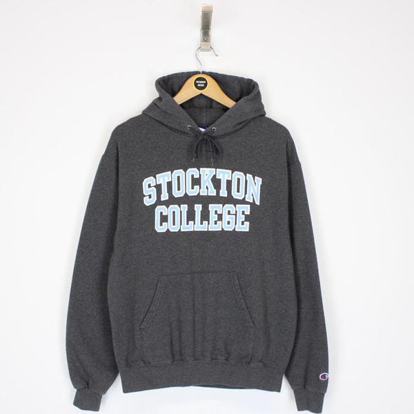 Vintage 90s Champion Stockton College USA Dark Grey Spellout Hoodie Jumper