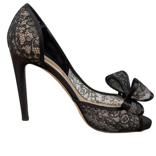 Valentino Garavani Black Bow Peep Toe Satin Lace High Heels