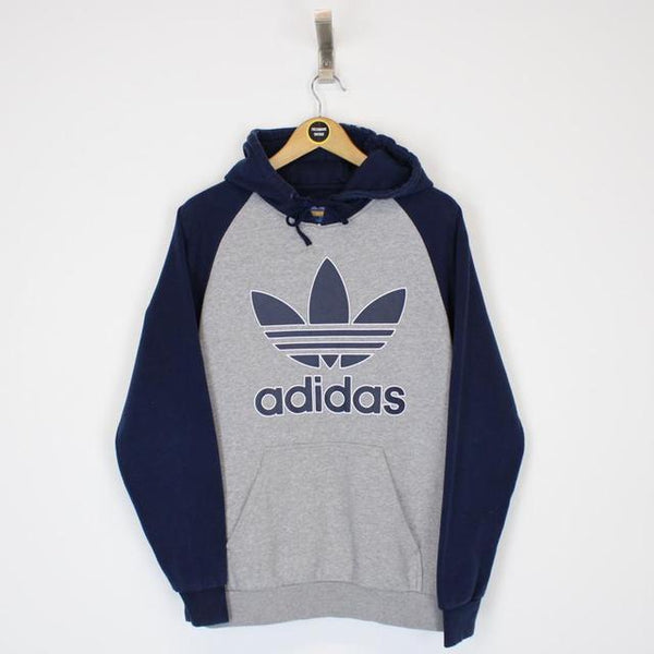 Vintage 00’s Adidas Grey and Navy Blue Pullover Spellout Hoodie Jumper