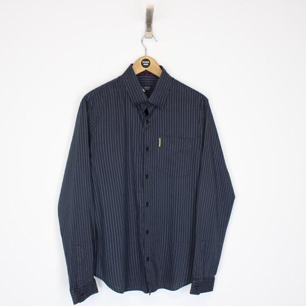 Vintage 00s Armani Jeans Navy Blue Striped Long Sleeve Shirt