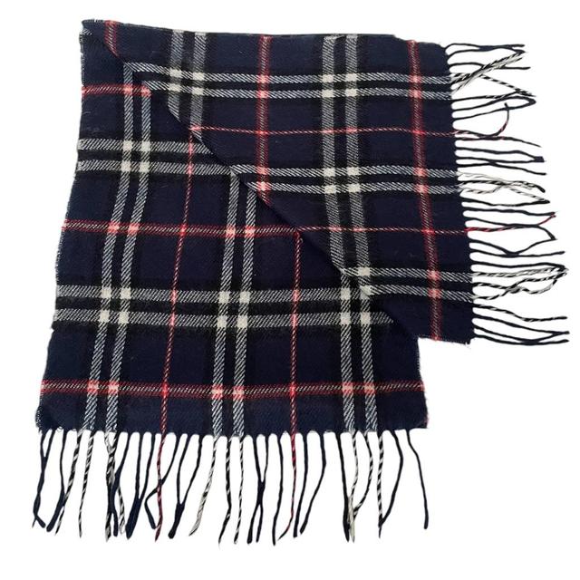 Vintage 90s Burberry Navy Blue Nova Check Lambswool Scarf