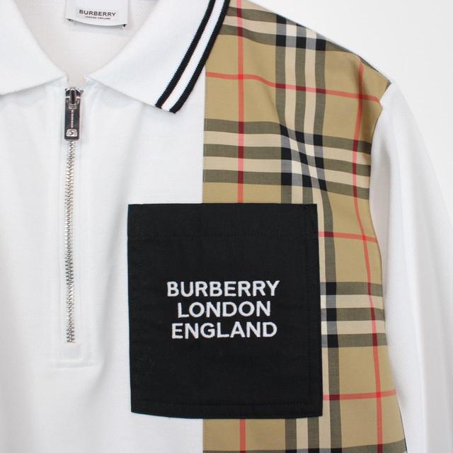 Burberry White and Tan Brown Nova Check Panel Long Sleeve Polo Shirt