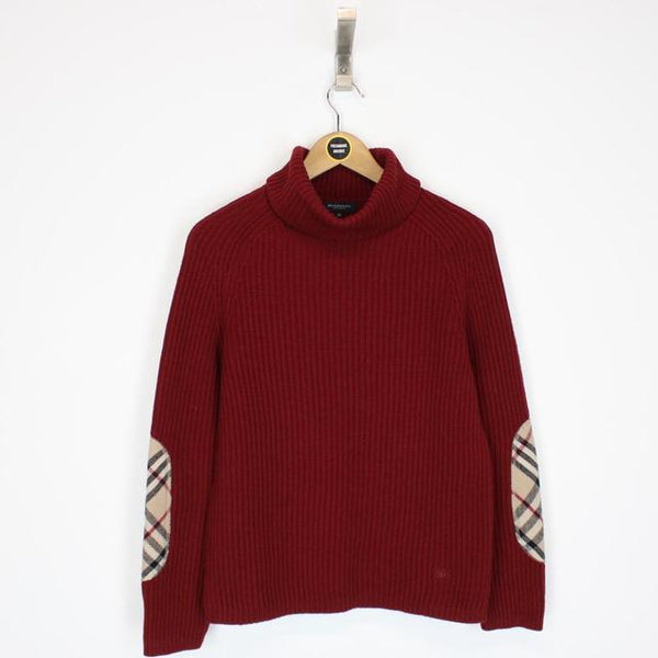 Burberry London Burgundy Ribbed Cashmere Merino Wool Knit Roll Neck Jumper