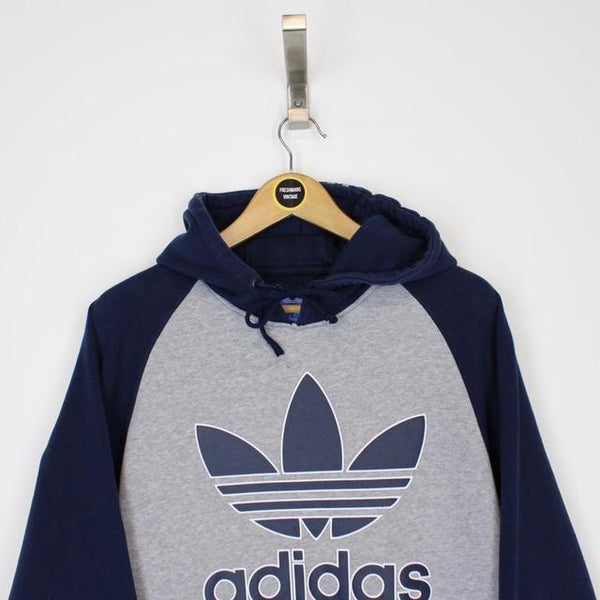 Vintage 00’s Adidas Grey and Navy Blue Pullover Spellout Hoodie Jumper