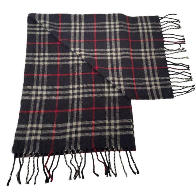 Vintage 90s Burberry Navy Blue Nova Check Lambswool Scarf