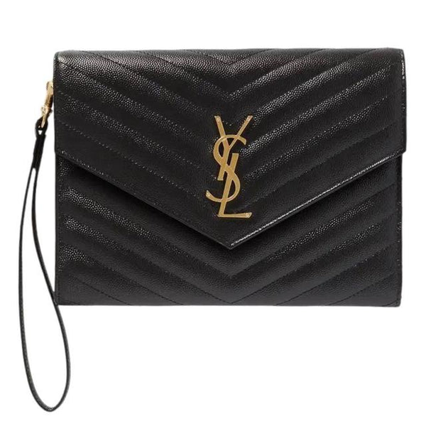 Saint Laurent YSL Black and Gold New Pouch Monogram Leather Clutch Bag