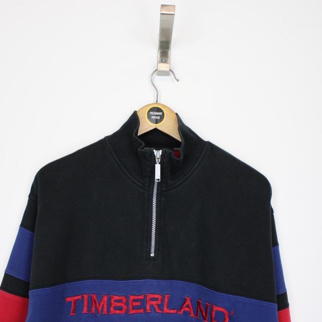 Vintage 90s Timberland Black, Red and Blue 1/4 Zip Spellout Sweatshirt Jumper