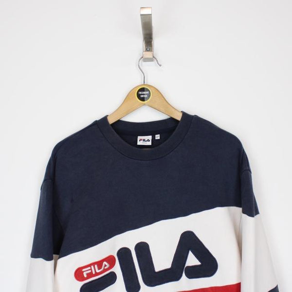 Vintage 00’s Fila Navy Blue, Red and White Crew Neck Spellout Sweatshirt