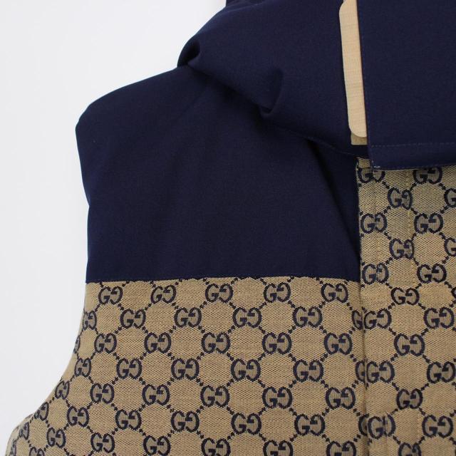 Gucci Tan Brown and Navy GG Monogram Canvas Hooded Gilet / Bodywarmer