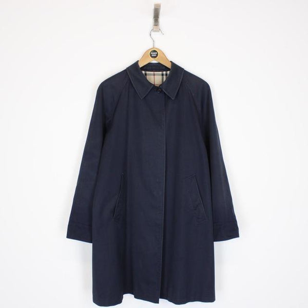 Burberry London Navy Blue Nova Check Single Breasted Trench Coat