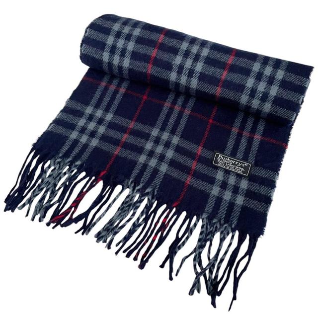 Vintage 90s Burberry Navy Blue Nova Check Lambswool Scarf