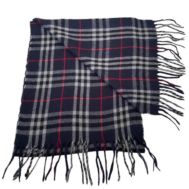 Vintage 90s Burberry Navy Blue Nova Check Lambswool Scarf