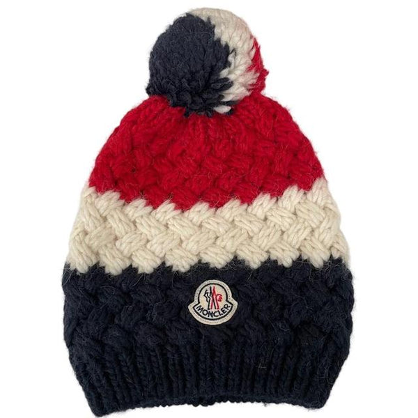 Moncler Tricolour Navy, White and Red Stripe Alpaca Wool Bobble Hat