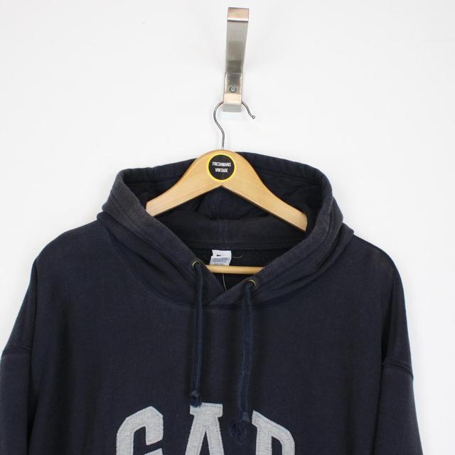 Vintage 00s GAP Navy Blue and Grey Pullover Spellout Hoodie Jumper