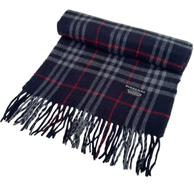 Vintage 90s Burberry Navy Blue Nova Check Lambswool Scarf