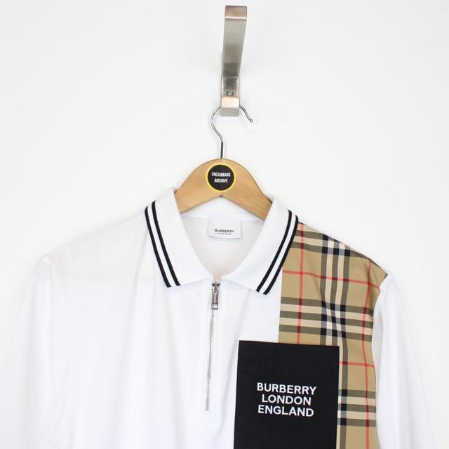 Burberry White and Tan Brown Nova Check Panel Long Sleeve Polo Shirt