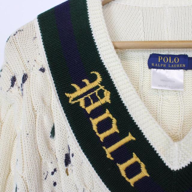 Polo Ralph Lauren Cream Distressed Cable Cotton Knit Rugby Jumper