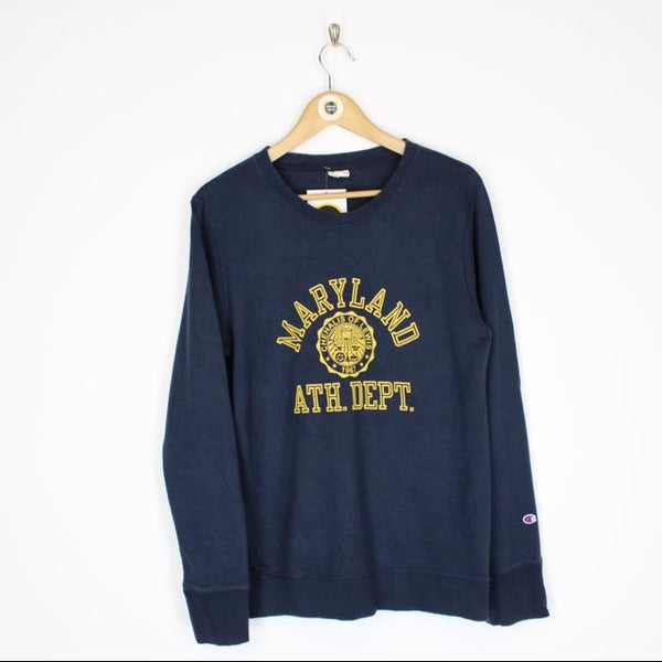 Vintage Champion Maryland USA Navy Blue and Yellow Spellout Sweatshirt Jumper