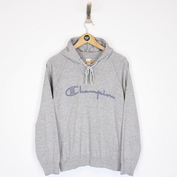 Vintage 80s Champion Grey and Blue Spellout Hoodie Jumper