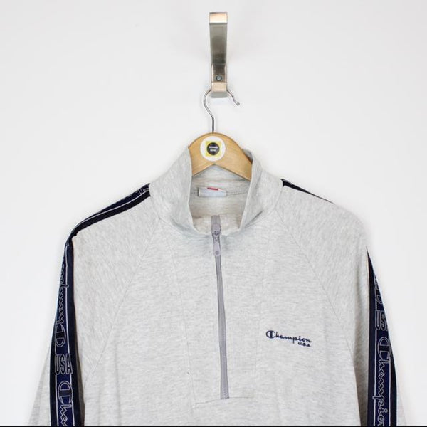 Vintage 90’s Champion Light Grey and Navy Blue Pullover 1/4 Zip Spellout Sweatshirt