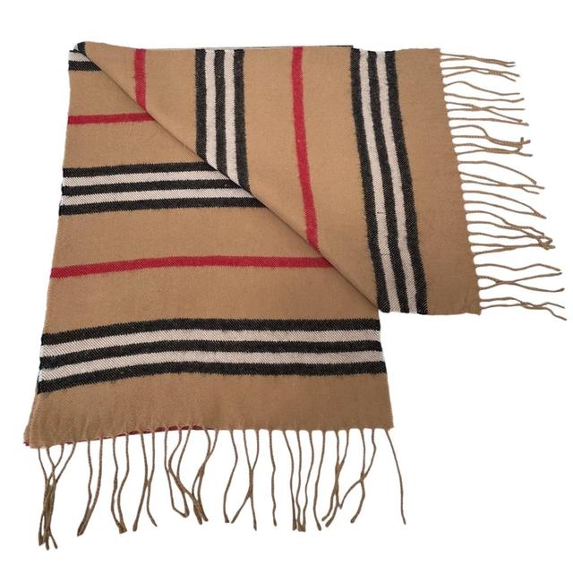 Vintage 90s Burberry Tan Brown Nova Stripe Lambswool Scarf