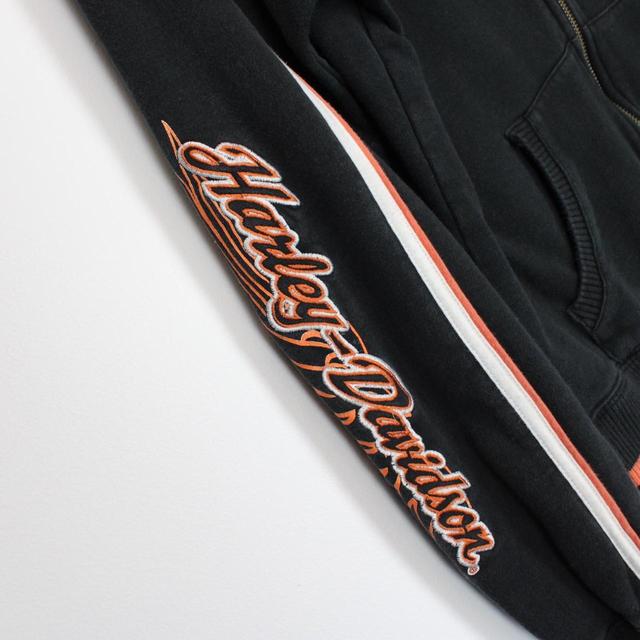 Vintage 00s Harley Davidson Black and Orange Full Zip Spellout Sweatshirt Jumper